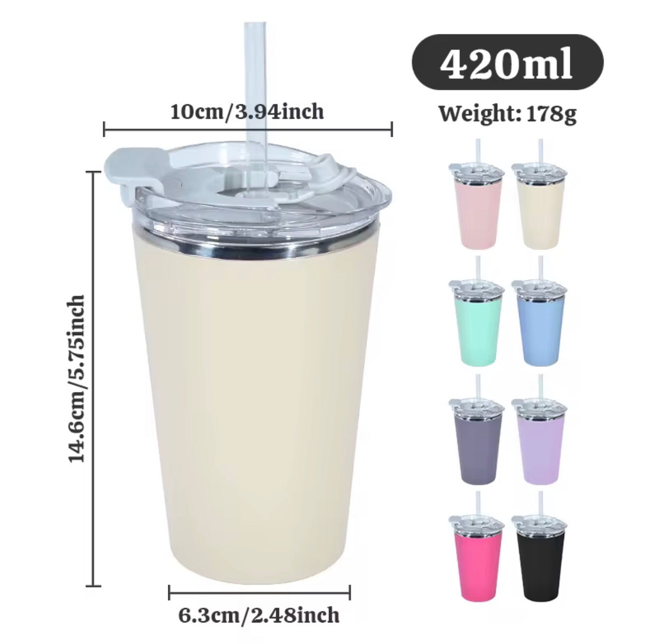14oz (420ml) Stainless Steel Coffee Cup with flip lid and resealable straw hole.
