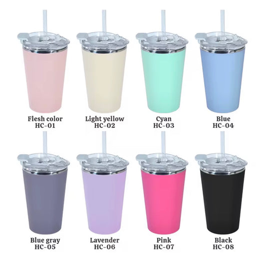 14oz (420ml) Stainless Steel Coffee Cup with flip lid and resealable straw hole.